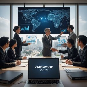 Diverse business executives discussing mergers and acquisitions in a modern conference room with emerging market views