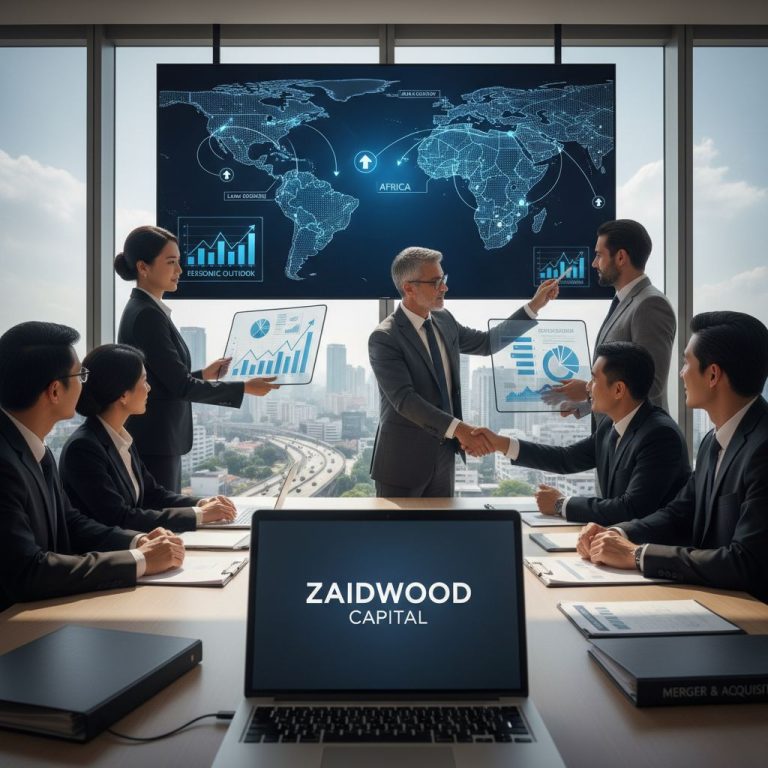 Diverse business executives discussing mergers and acquisitions in a modern conference room with emerging market views