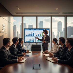 Diverse group of investors and financial advisor discussing alternative investments in a modern conference room.