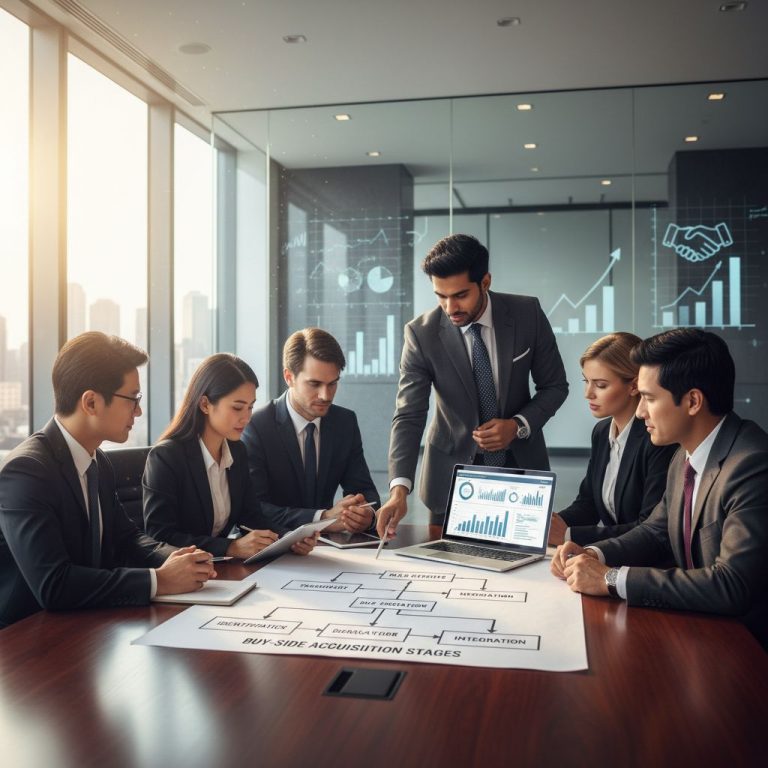 Diverse team of executives in a conference room reviewing M&A strategies on documents and laptop, focusing on collaboration and expertise.