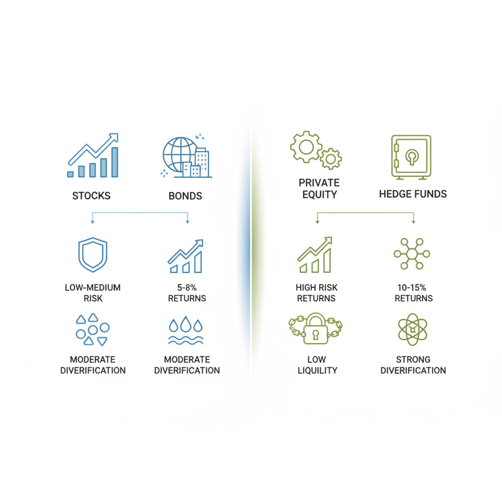 Infographic comparing traditional investments like stocks and bonds with alternative investments like private equity and hedge funds, focusing on risk, returns, liquidity, and diversification.