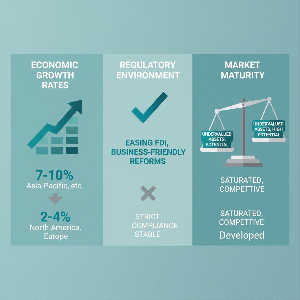 Infographic comparing M&A drivers in emerging and developed markets: economic growth, regulations, and market maturity.