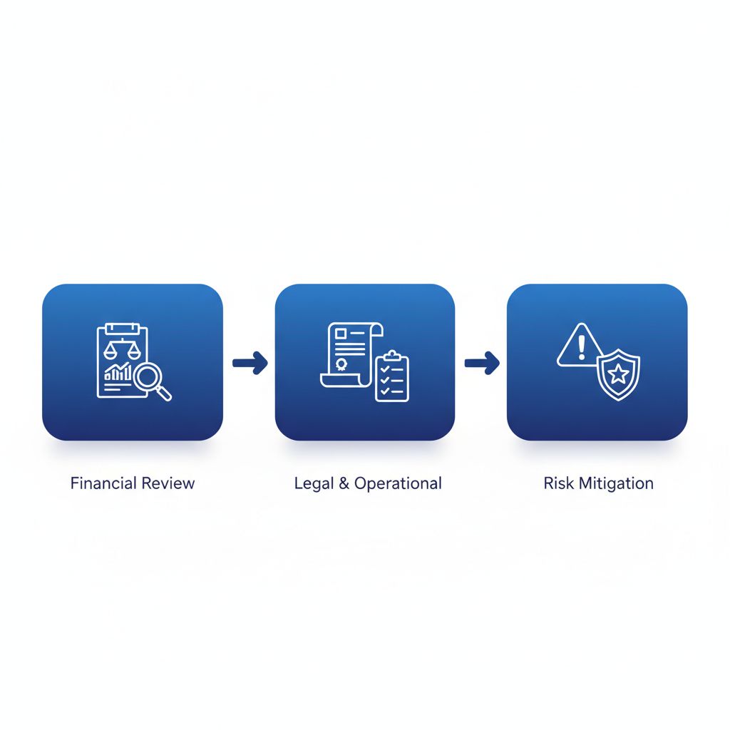 Horizontal process flow diagram showing three stages of buy-side due diligence in mergers and acquisitions: financial review, legal and operational assessment, and risk mitigation.