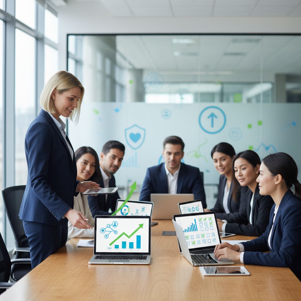 Diverse business team collaborating in modern office on HR software dashboards for growth and efficiency.