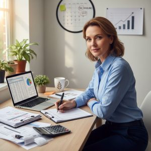 Small business owner in home office reviewing financial records on laptop with organized documents and calendar