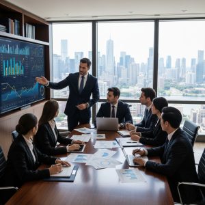 Diverse team of investment bankers collaborating in modern conference room on M&A deals