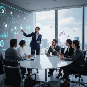 Professional photograph of a cybersecurity consultant presenting strategy to executives in a modern boardroom.
