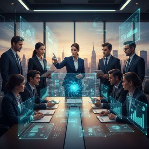 Illustration of a diverse executive team in a modern boardroom using generative AI holograms for M&A advisory and financial insights.