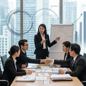 Diverse corporate team collaborating on post-merger integration in modern conference room