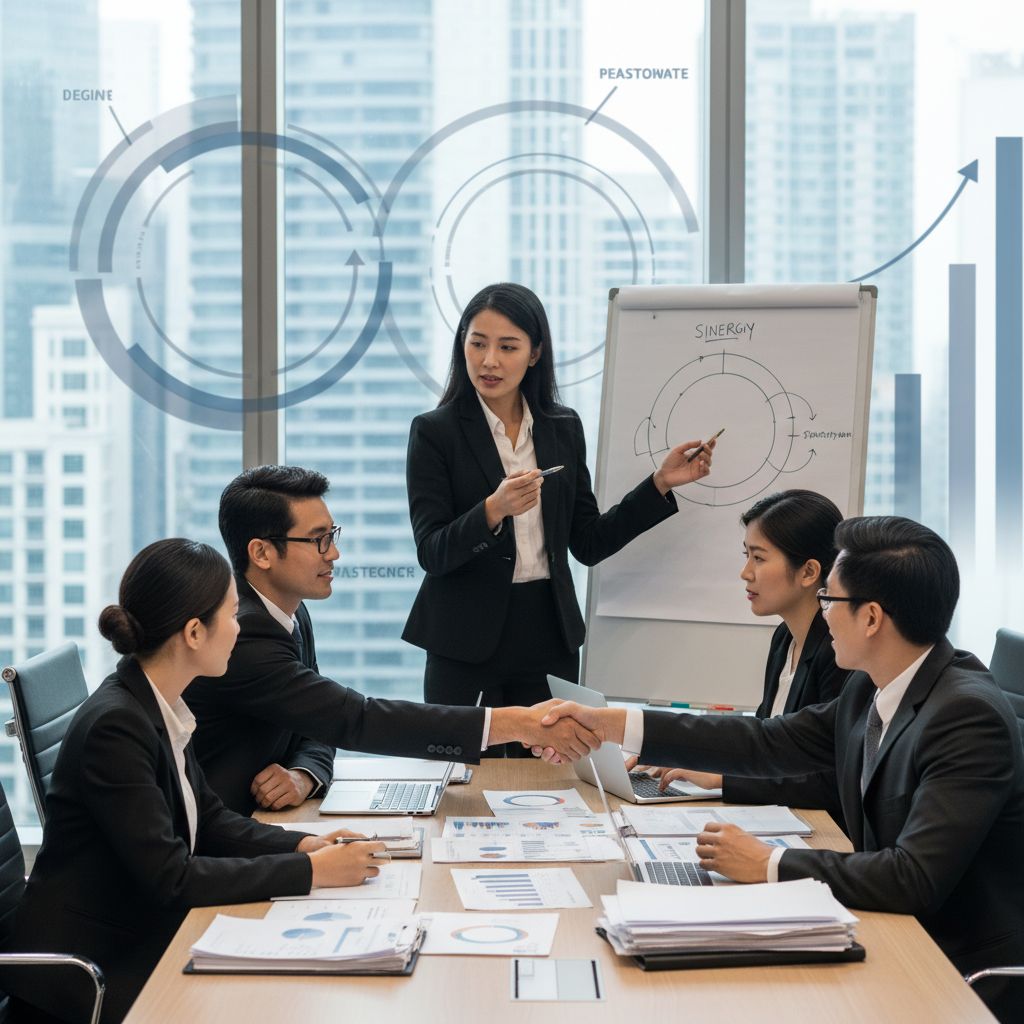 Diverse corporate team collaborating on post-merger integration in modern conference room
