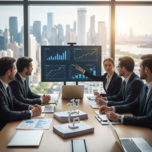 Diverse executives in suits discussing private equity investments around a conference table with financial charts and laptops in a modern room with city view.