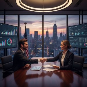 Two banking executives shaking hands in modern office with financial screens and city view
