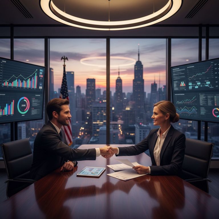 Two banking executives shaking hands in modern office with financial screens and city view
