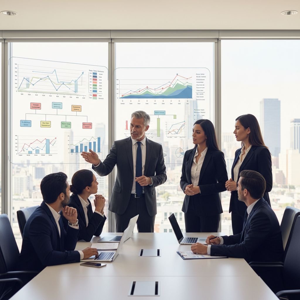 Diverse team of financial advisors in a modern conference room discussing debt strategies for mergers and acquisitions
