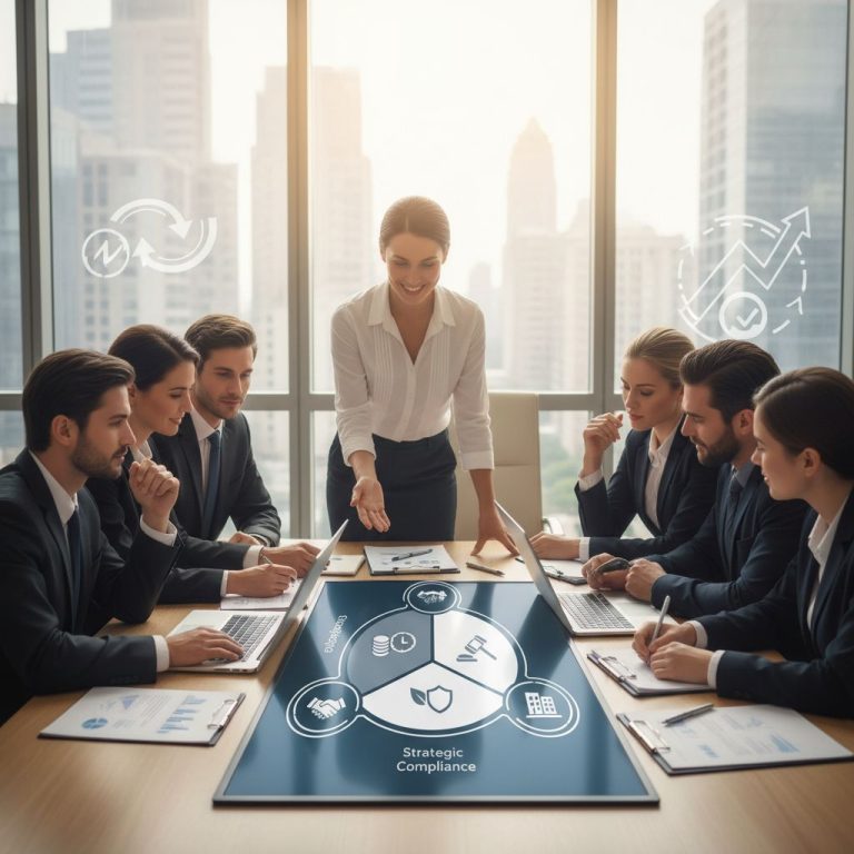 Diverse team of business professionals collaborating in modern office with advisor presenting PEO benefits chart, icons for payroll, benefits, and compliance, conveying growth and innovation.
