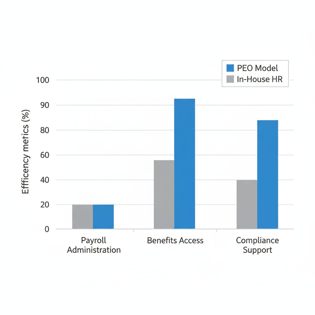 Bar chart comparing PEO and in-house HR efficiency in payroll, benefits access, and compliance support for small businesses, highlighting PEO superior performance.