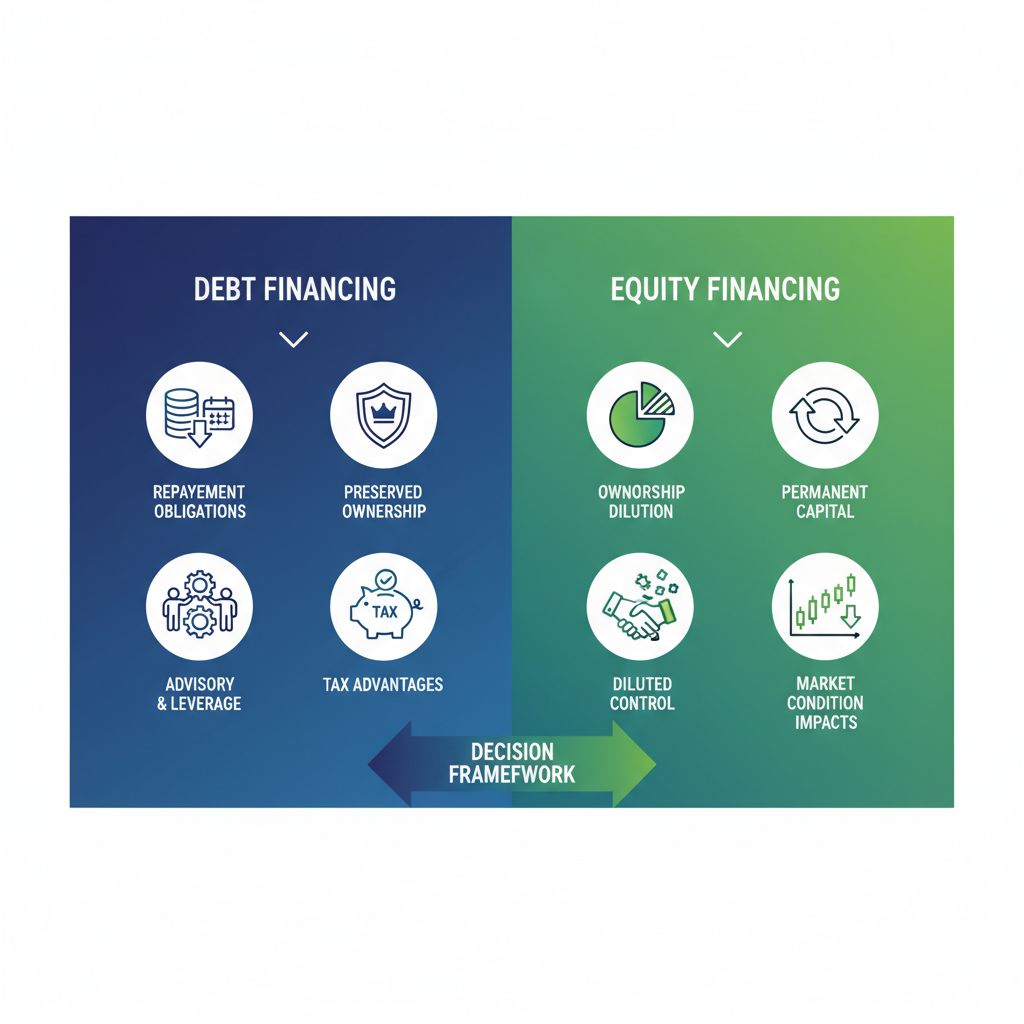 Infographic comparing debt and equity financing paths in capital advisory