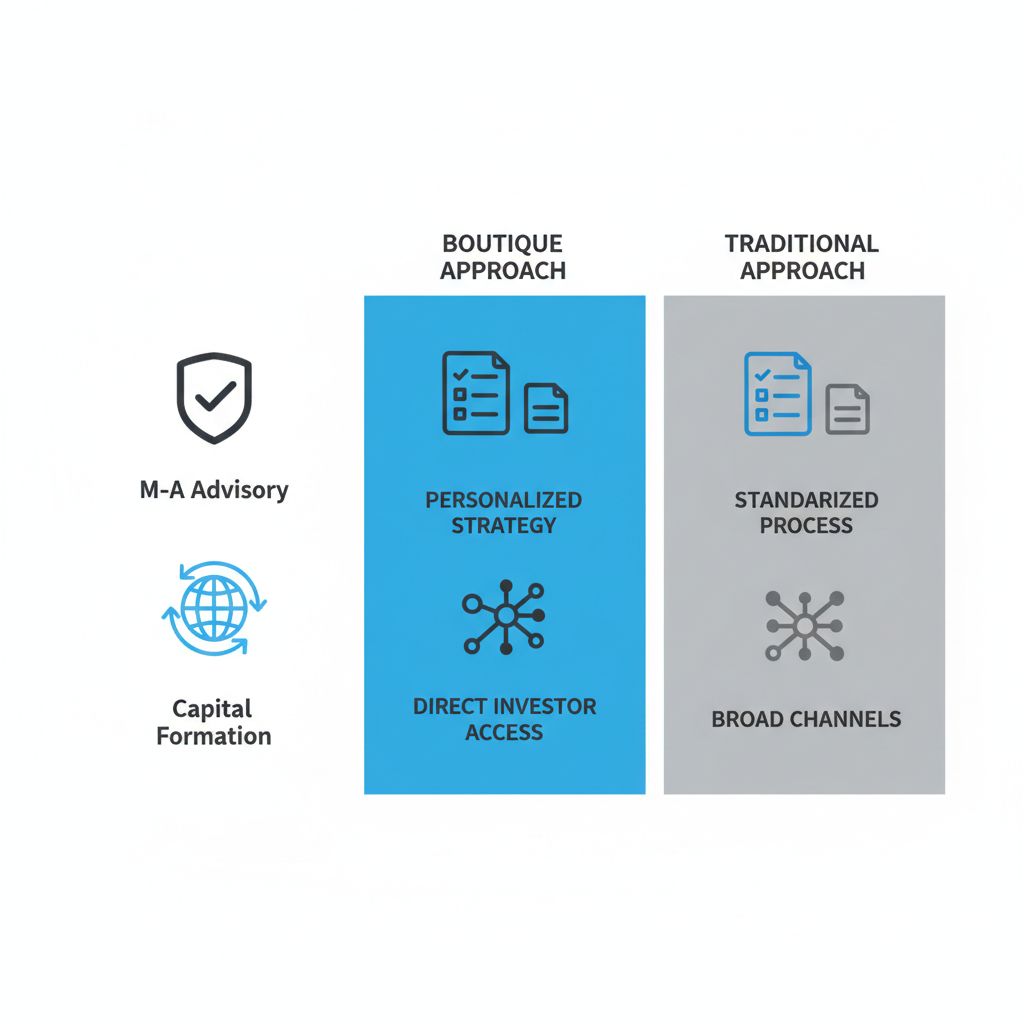 Infographic comparing boutique versus traditional bank approaches in middle market M&A advisory services