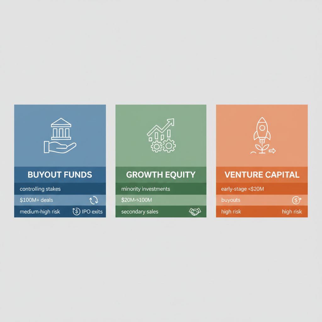 Infographic illustrating different private equity firm structures with icons and key metrics