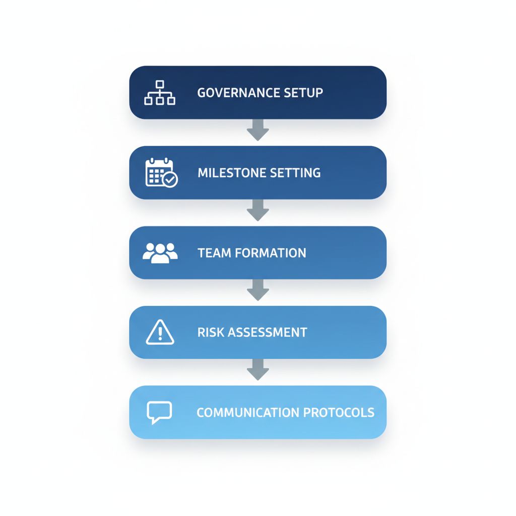 Vertical process flow illustrating key phases of strategic post-merger integration planning