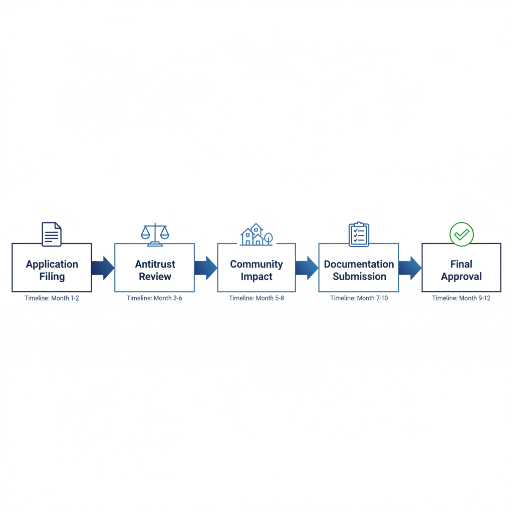 Horizontal diagram illustrating five key stages of bank merger regulatory approval process with icons and connections.