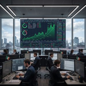 Dynamic scene of traders on Euronext Dublin floor monitoring ISEQ share price charts and graphs.