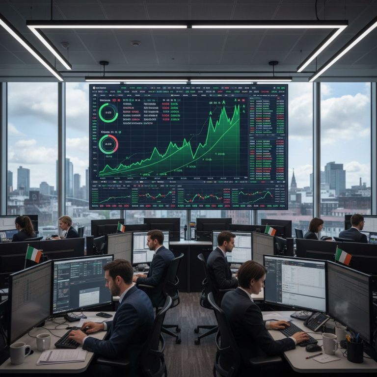Dynamic scene of traders on Euronext Dublin floor monitoring ISEQ share price charts and graphs.