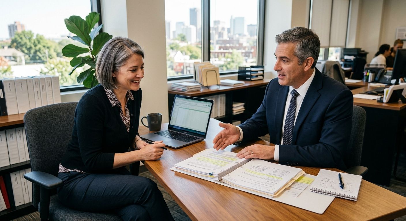 Professional image of small business owner consulting with ERISA compliance advisor in modern office reviewing retirement plan documents.