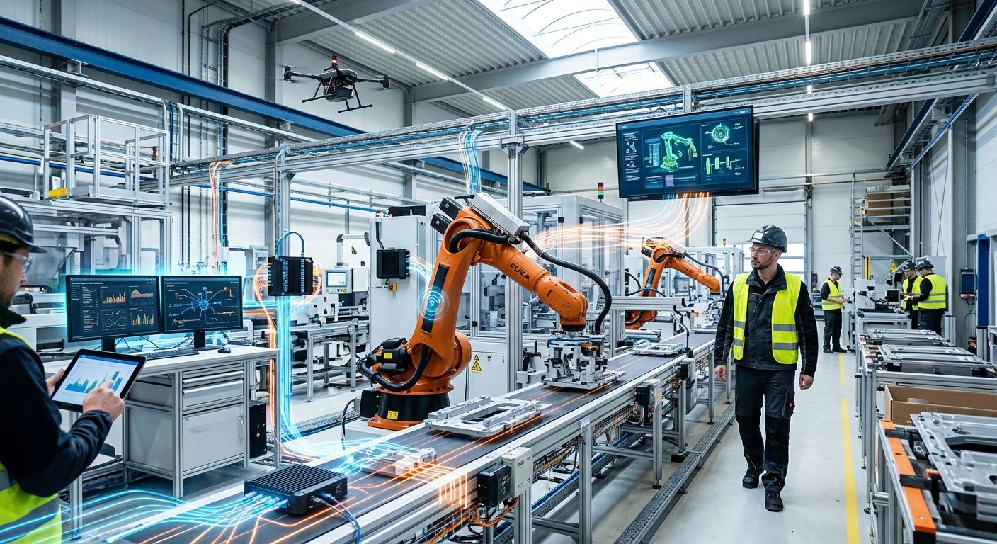 Professional photo of modern manufacturing facility enhanced by Industrial IoT, with robots, sensors, data streams, technicians, drones, and futuristic tech.