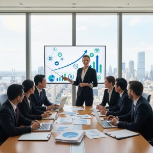 Diverse team of business executives collaborating in a modern conference room on mergers and market strategies