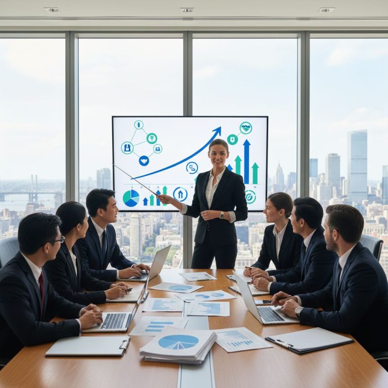 Diverse team of business executives collaborating in a modern conference room on mergers and market strategies