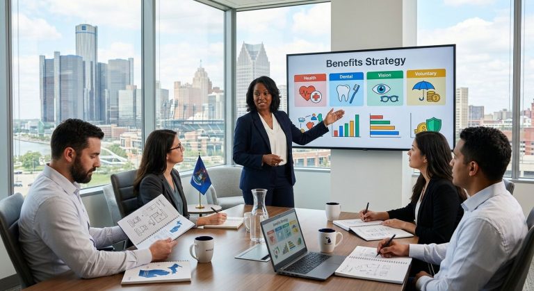 Diverse business professionals in modern conference room discussing employee benefits strategy with Michigan cityscape view.