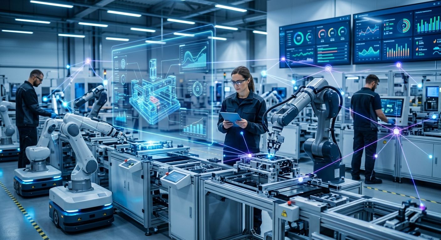 Professional photograph of futuristic smart manufacturing facility in 2026 with autonomous robots, holographic overlays, AI dashboards, and technicians.