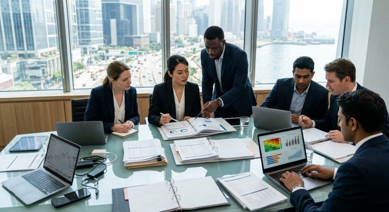 Diverse team of M&A advisors collaborating on due diligence review in modern conference room