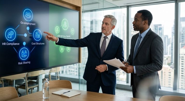 Two suited executives in modern conference room discussing PEO vs ASO options, pointing to icon comparison chart on screen in blue and green tones, natural light, professional atmosphere.