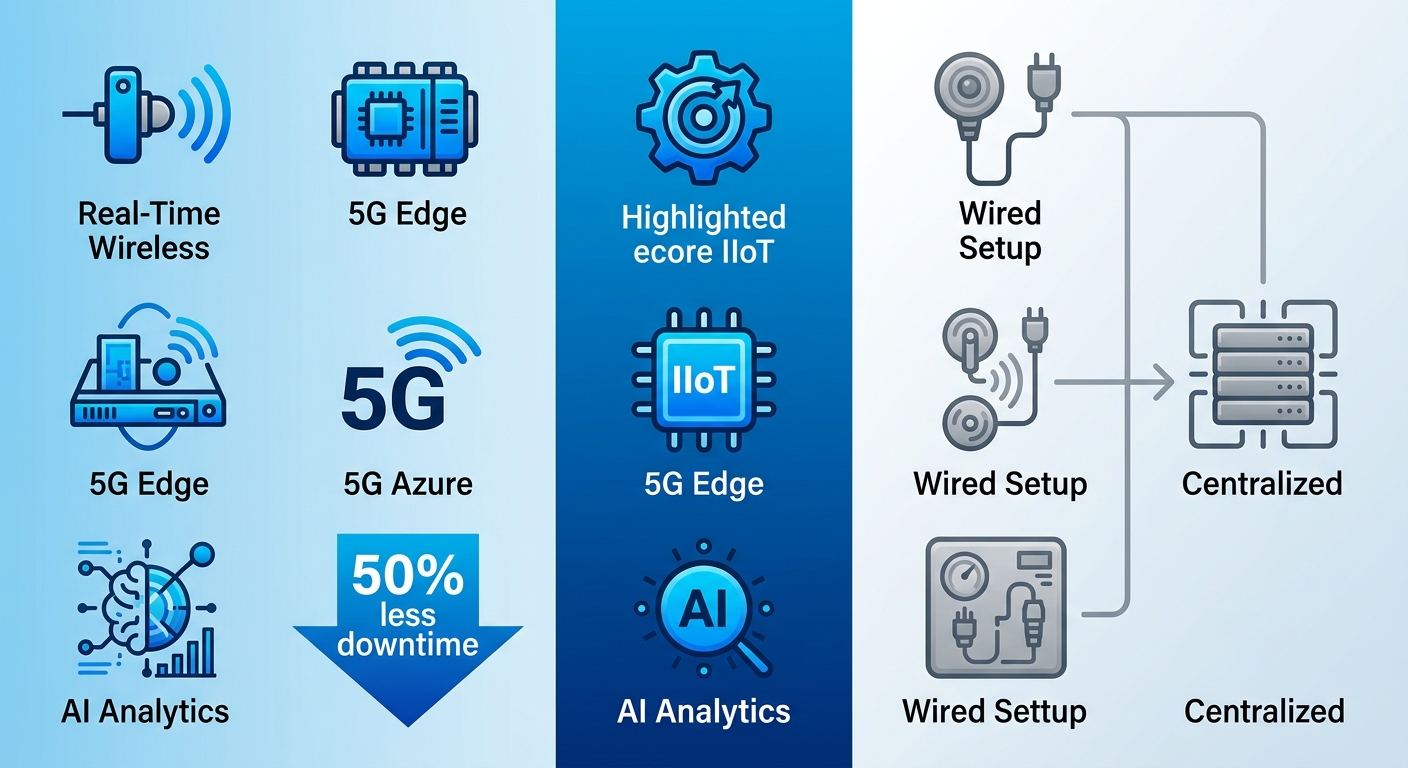 Infographic comparing Industrial IoT components like wireless sensors, 5G connectivity, AI processing to traditional wired centralized systems with 50% less downtime stat.