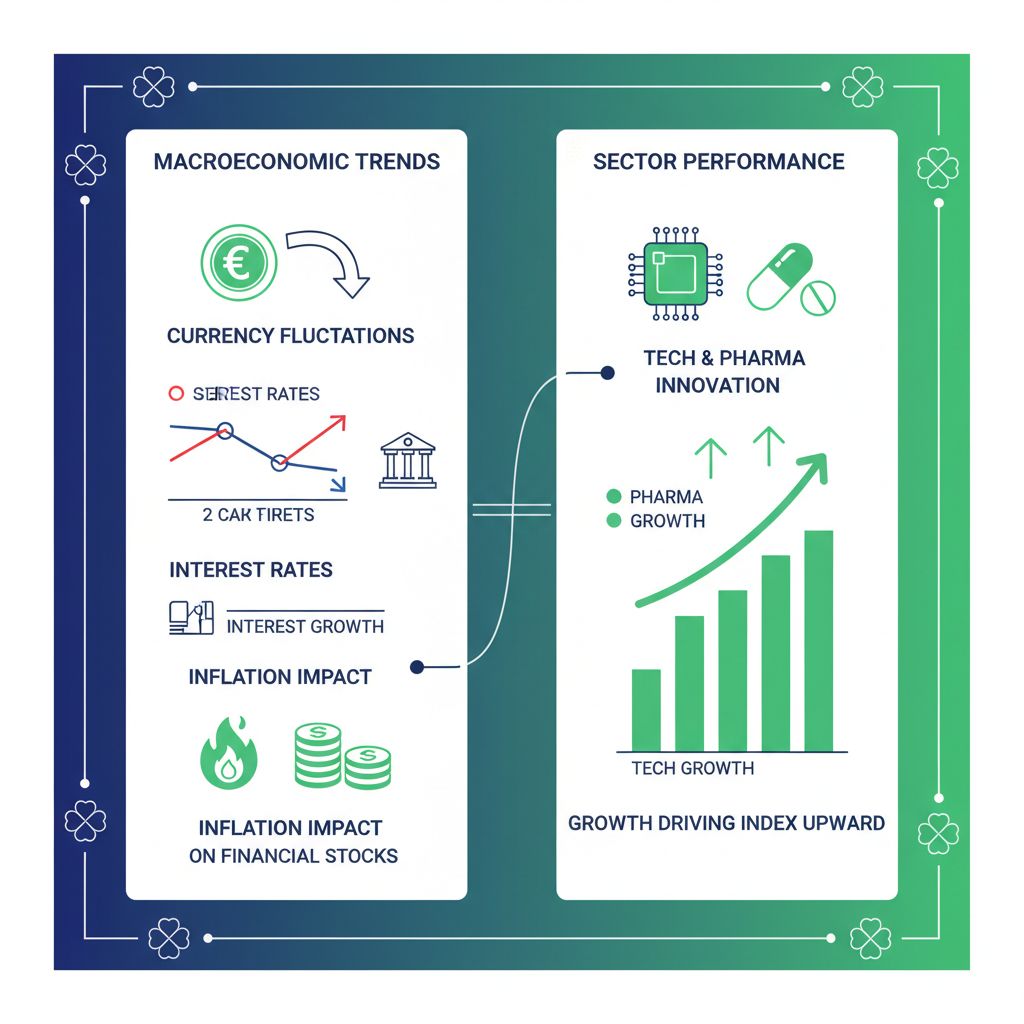 Infographic showing macroeconomic trends and sector performance factors affecting ISEQ share prices