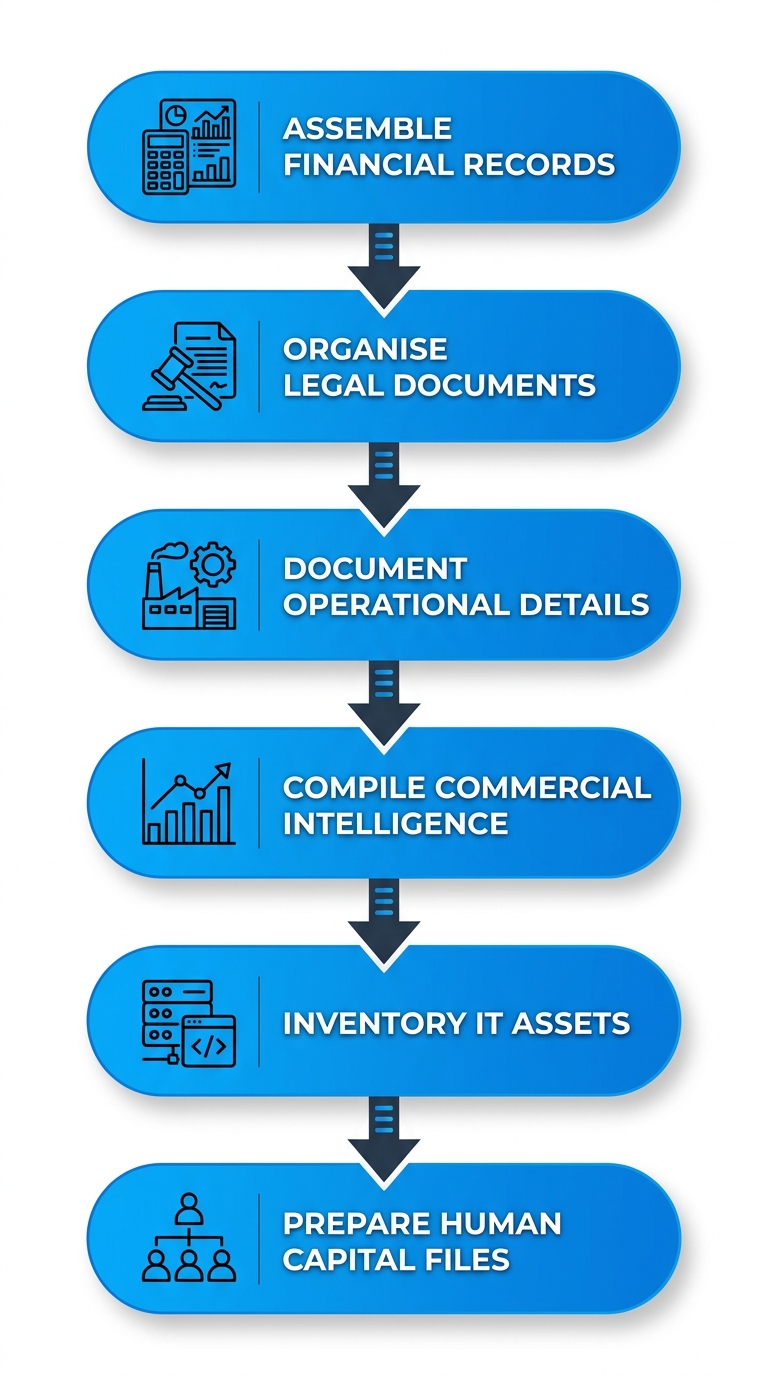 Vertical process flow diagram illustrating six key steps for preparing M&A due diligence: assembling financial records, organizing legal documents, documenting operations, compiling intelligence, inventorying IT assets, and preparing HR files.
