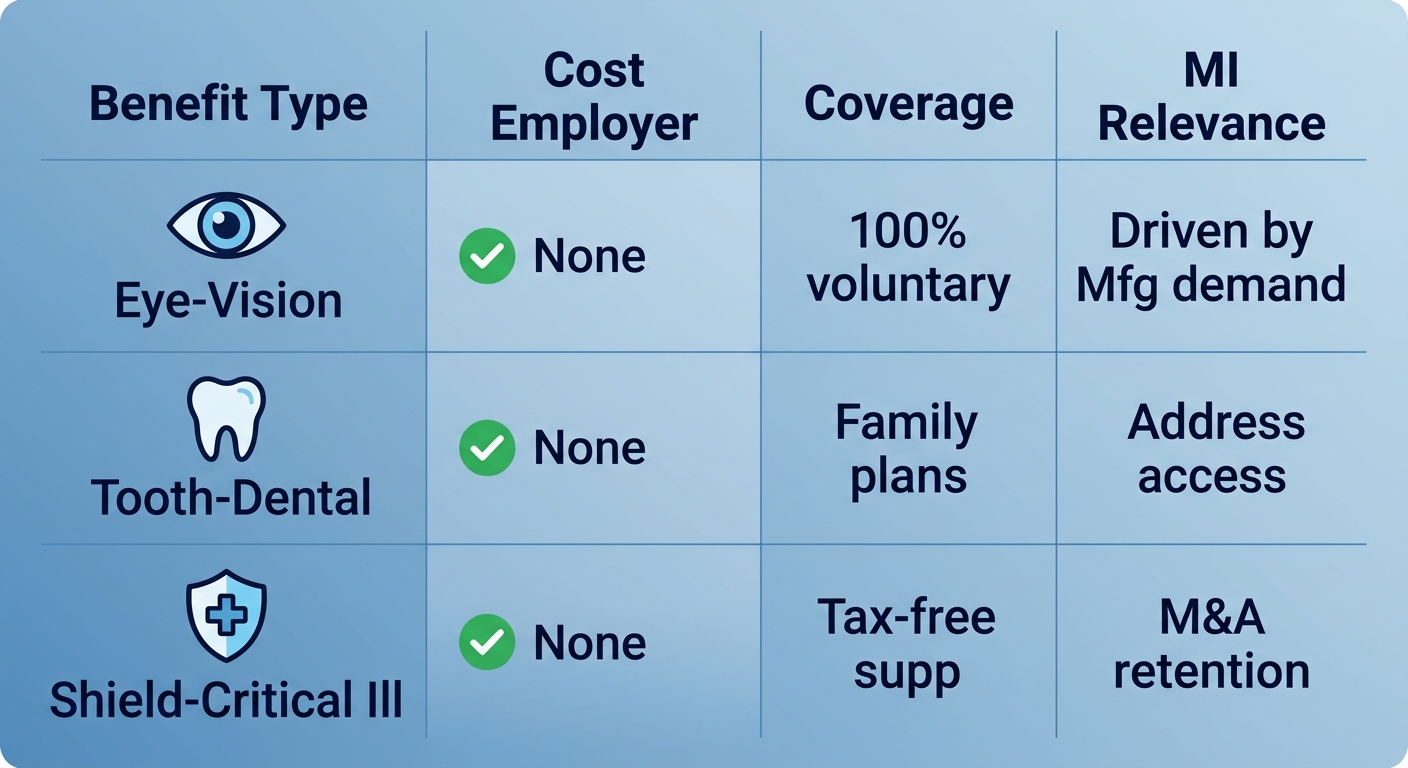 Infographic table comparing three voluntary benefits: Vision, Dental, Critical Illness for Michigan employers, zero cost, icons and checkmarks.