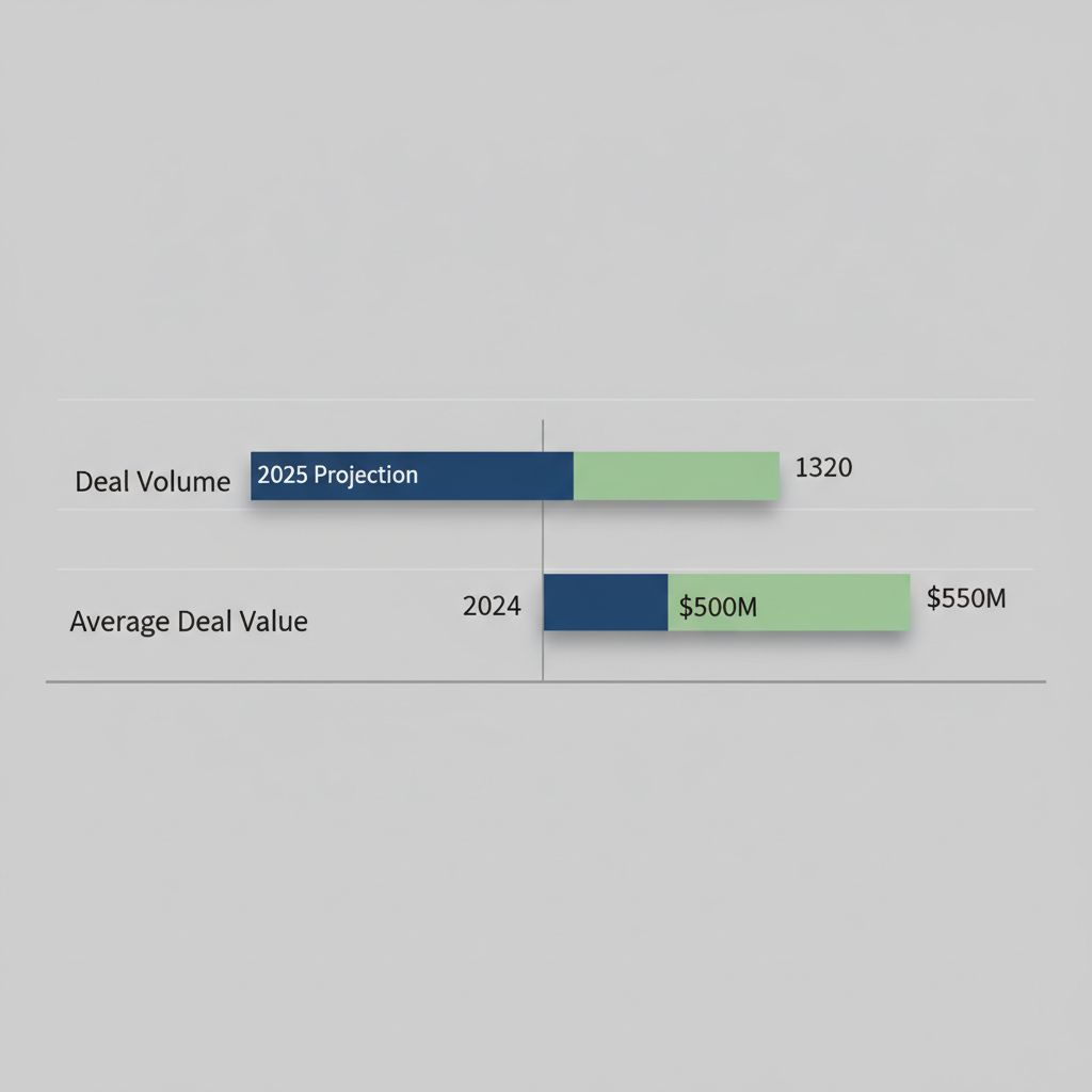Horizontal bar chart comparing M&A deal volume and average deal values for 2024 actuals and 2025 projections in dark blue and light green bars.