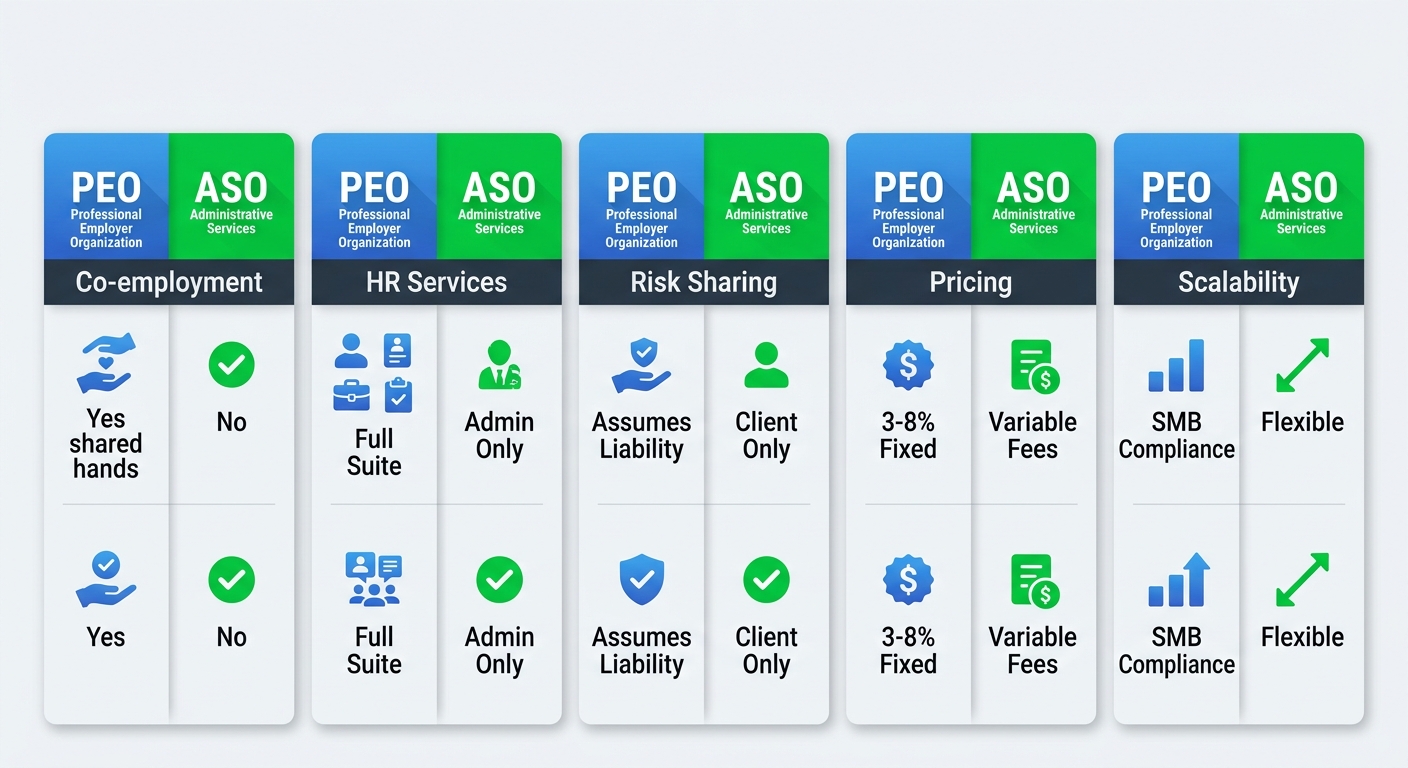 Infographic comparing PEO and ASO on co-employment, HR services, risk sharing, pricing, and scalability with icons and minimal labels