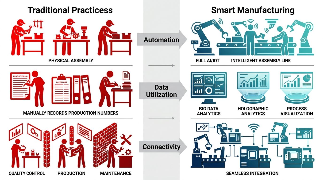Infographic comparing traditional and smart manufacturing across automation, data utilization, and connectivity with illustrative icons