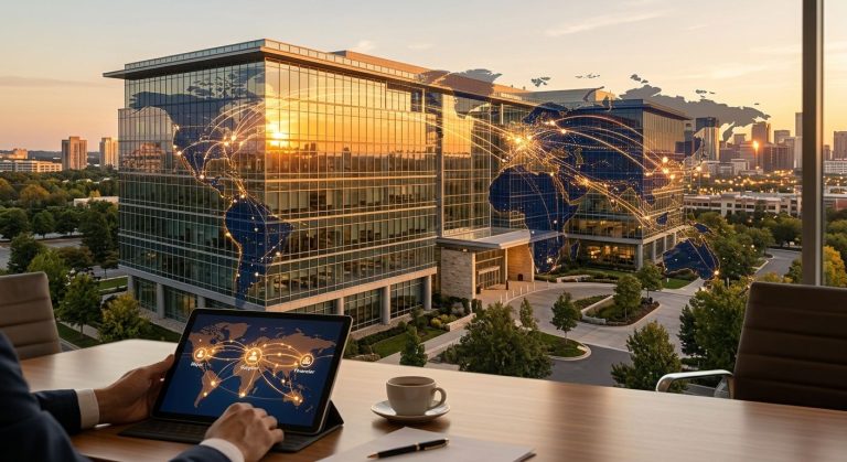 Modern corporate office at golden hour with digital supply chain network visualization on tablet, conveying strategic financial partnership and global trade connectivity.