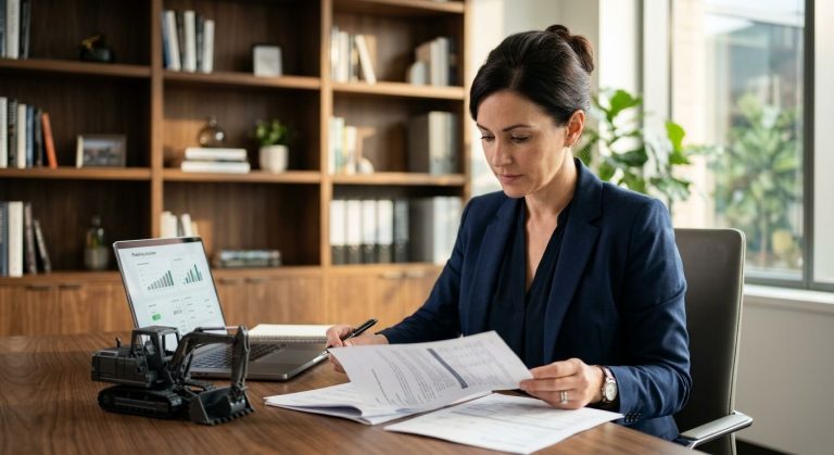 Professional business owner reviewing equipment financing documents at a modern desk with laptop and industrial equipment model