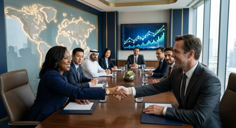 Corporate boardroom with diverse executives strategizing, world map and financial charts, handshake partnership, natural light, navy blue and gold accents.