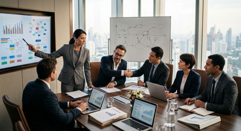 Diverse team of professional M&A advisors collaborating intently in a modern boardroom, reviewing financial documents and strategies with city skyline view.