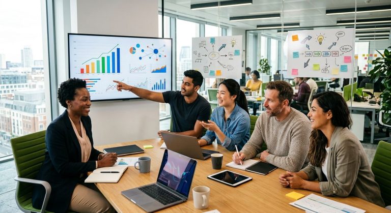 Diverse startup founders collaborating in modern office, reviewing seed funding pitch deck on large monitor with growth charts and investor connections.