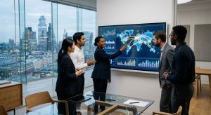 Diverse team of financial advisors in a modern glass office reviewing global financial charts on a large digital display, with a world map showing cross-border capital flows and a city skyline in the background.