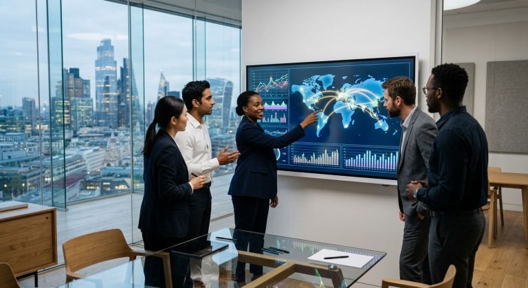Diverse team of financial advisors in a modern glass office reviewing global financial charts on a large digital display, with a world map showing cross-border capital flows and a city skyline in the background.