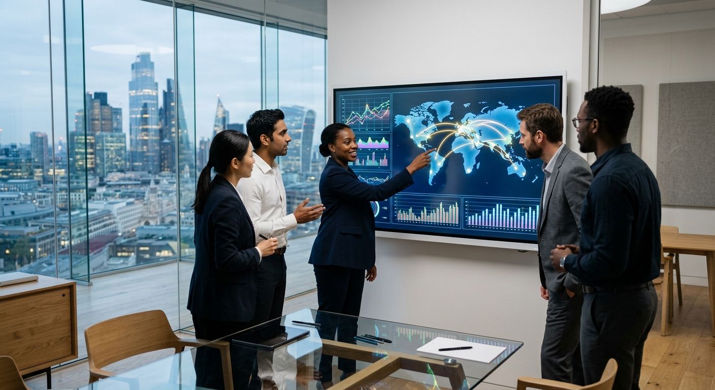 Diverse team of financial advisors in a modern glass office reviewing global financial charts on a large digital display, with a world map showing cross-border capital flows and a city skyline in the background.